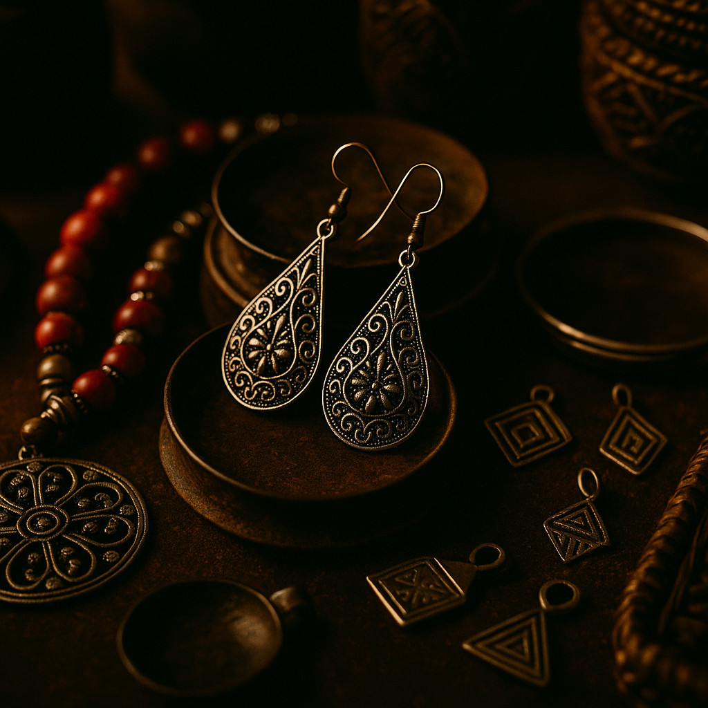 Cinematic close-up photo of handmade Hungarian jewelry and crafts, featuring detailed metal earrings, beads, pendants, and artisanal accessories in warm dramatic lighting.