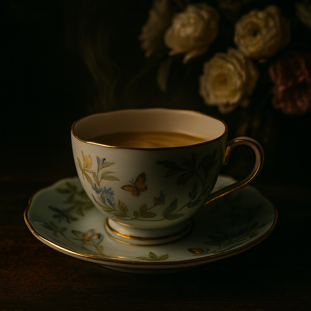Cinematic close-up of a hand-painted Herend porcelain teacup and saucer with floral motifs, softly illuminated against a dark background.