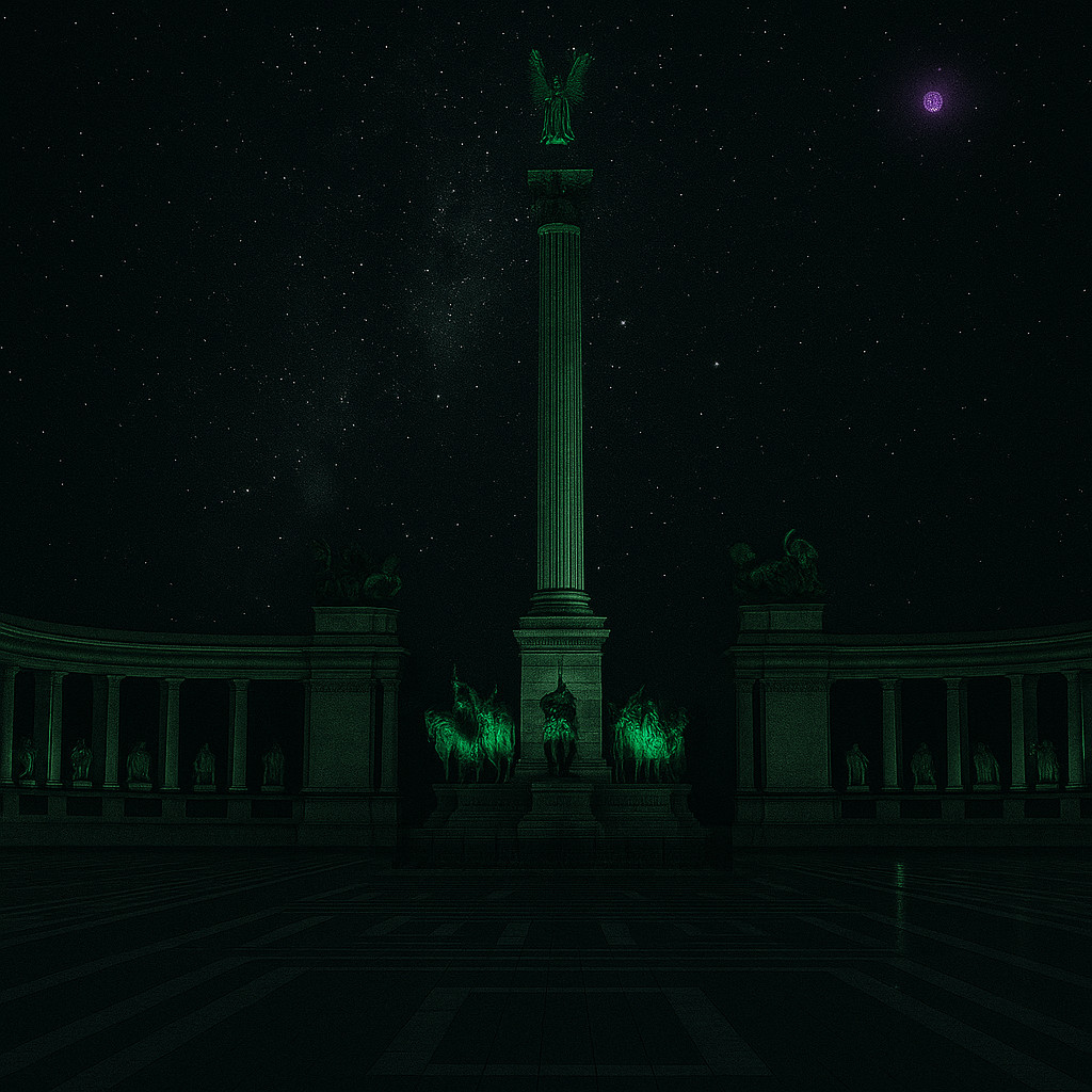Heroes’ Square Budapest at night under a starry purple sky, with the Millennium Monument and statues glowing in vivid green light against dark stone and shadow.