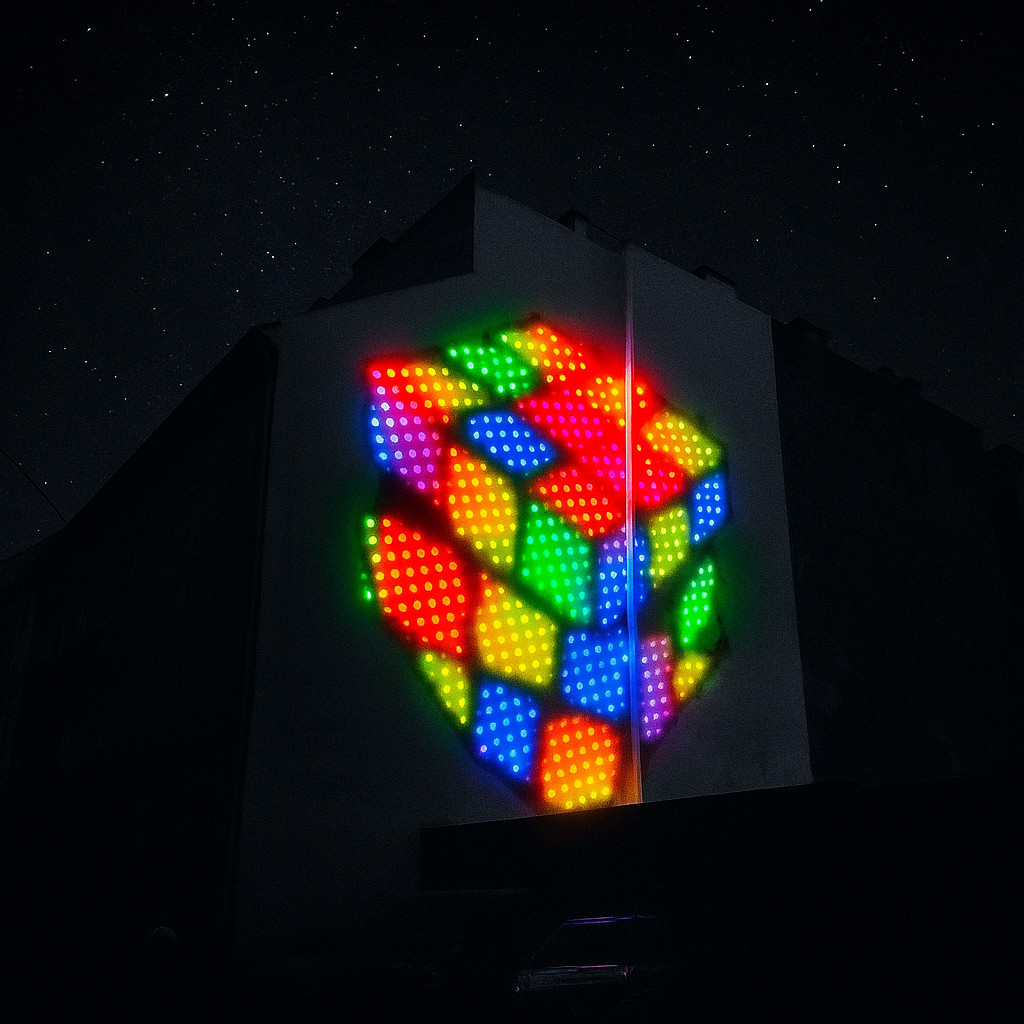 Square nighttime image of a Budapest mural showing a glowing Rubik’s Cube made of colorful lights against dark monochrome buildings and a starry black sky.