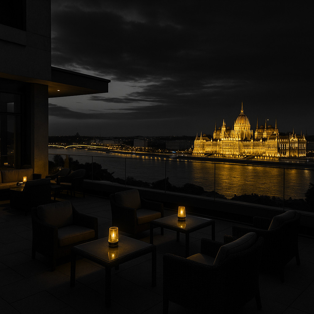 Hilton Buda Rooftop terrace in black and white with golden evening lights and a panoramic view of the Danube and Budapest Parliament.