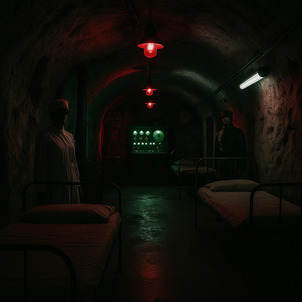 Desaturated interior of Hospital in the Rock Budapest with dark stone corridors illuminated by red emergency lights, green reflections, and white ceiling lamps in a moody underground atmosphere.