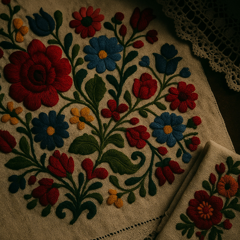 Cinematic close-up of traditional Hungarian embroidery with colorful floral motifs stitched on textured linen fabric.