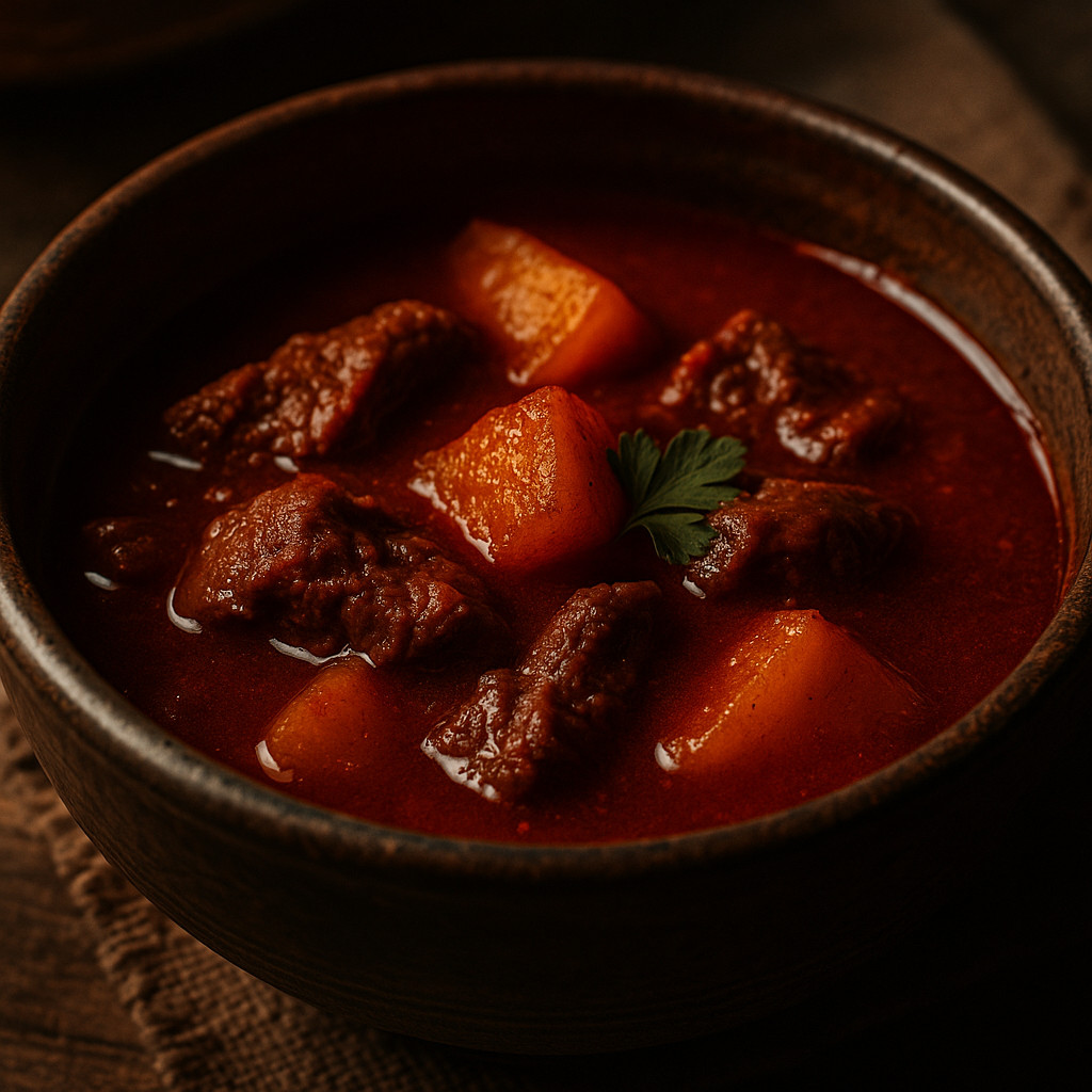 Cinematic close-up of traditional Hungarian goulash in a rustic bowl, showing tender beef, potatoes, and red paprika broth glowing under warm light.