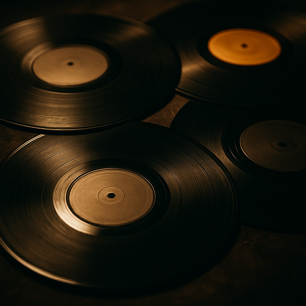 vinyl records arranged in warm cinematic lighting representing Hungarian music and artistic heritage