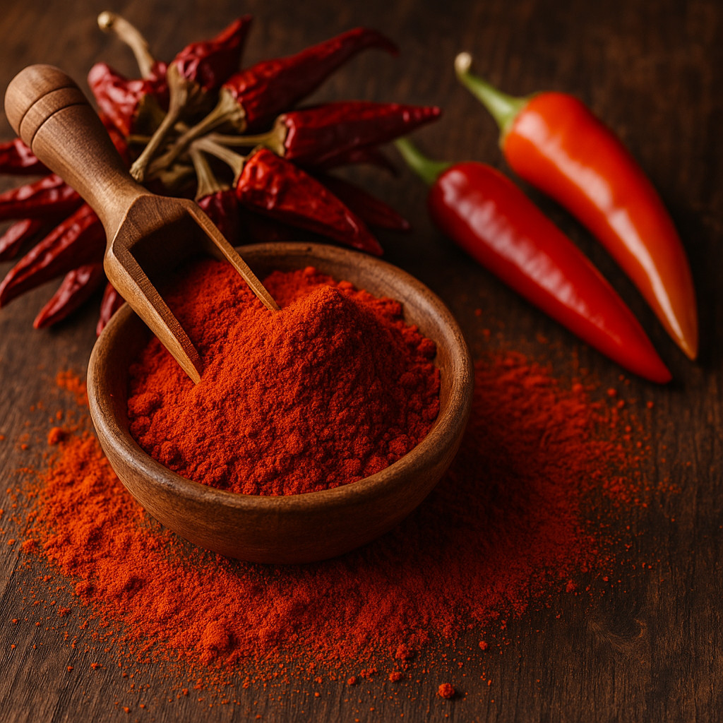 Cinematic close-up image of Hungarian paprika, including dried chili peppers, paprika powder, and rustic market baskets.
