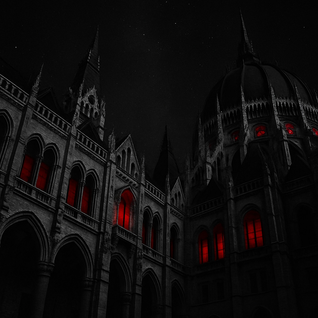 Desaturated close-up of the Hungarian Parliament Building at night, with dark Gothic towers and red glowing windows under a starry black sky.