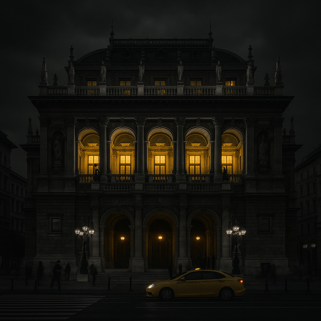 Night view of the Hungarian State Opera House Budapest in desaturated tones, with bright canary-yellow lights glowing from its grand arched windows along Andrássy Avenue.