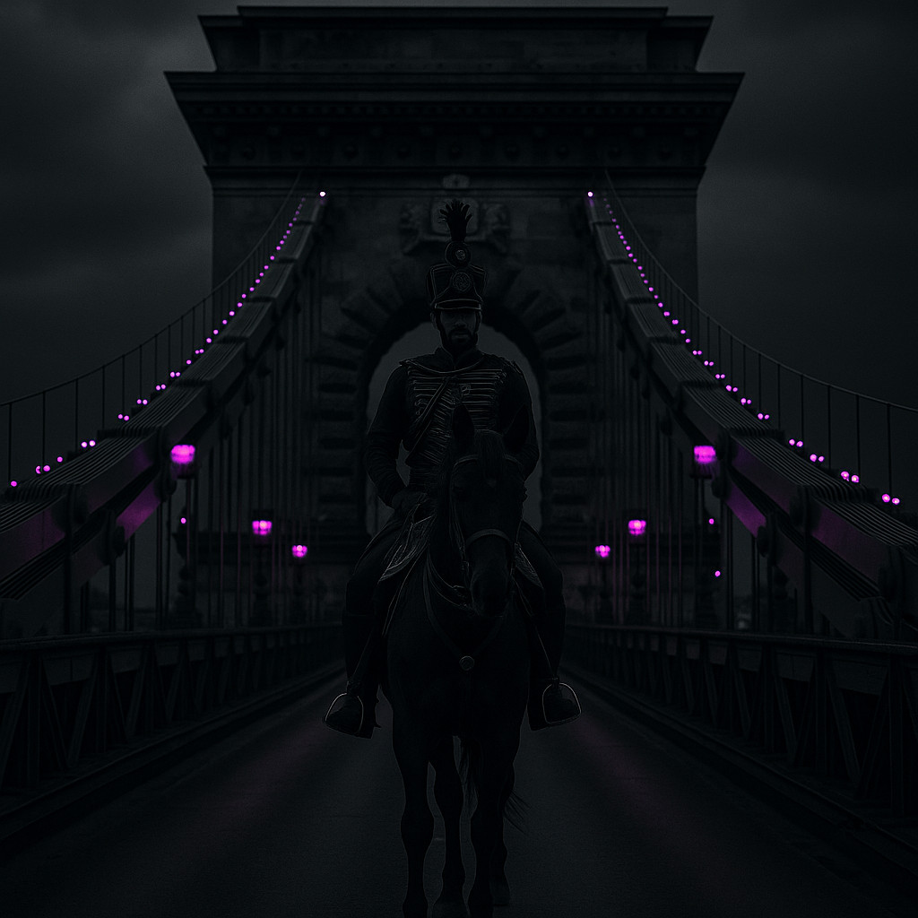 Hungarian Hussar on horseback standing on Chain Bridge Budapest at night, surrounded by purple glowing lights and dark moody tones.