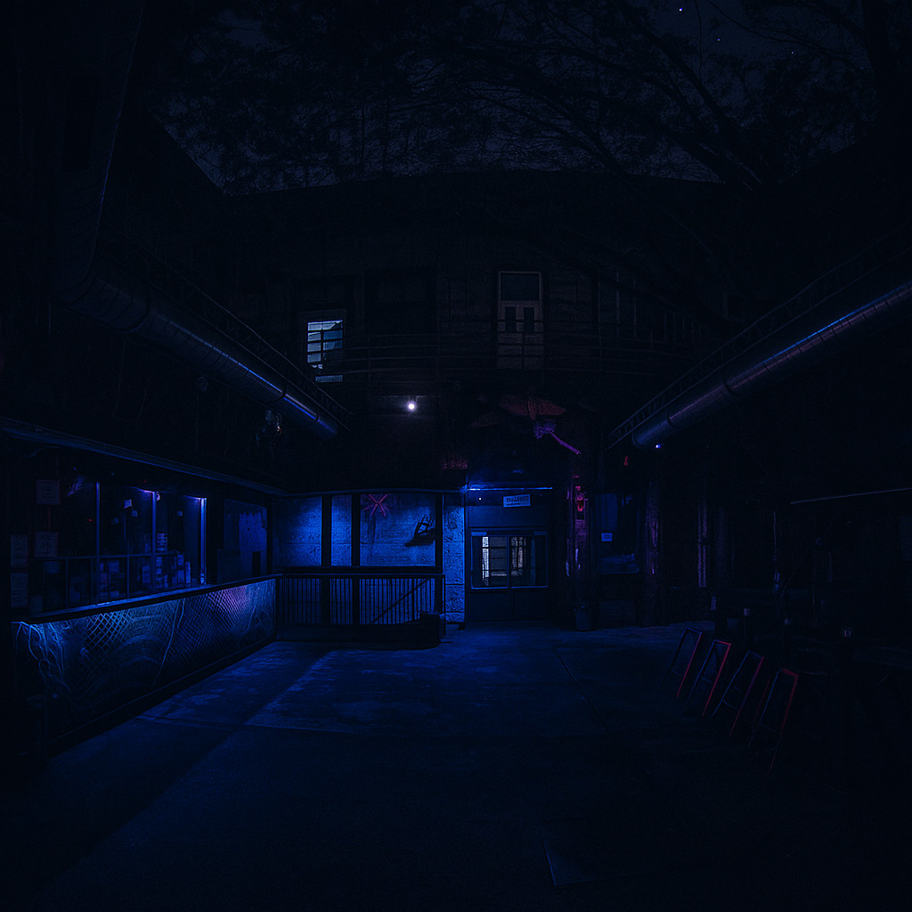 Square night view of the Instant-Fogas Complex Budapest courtyard with blue and pink lights glowing over desaturated walls and trees under a dark sky.