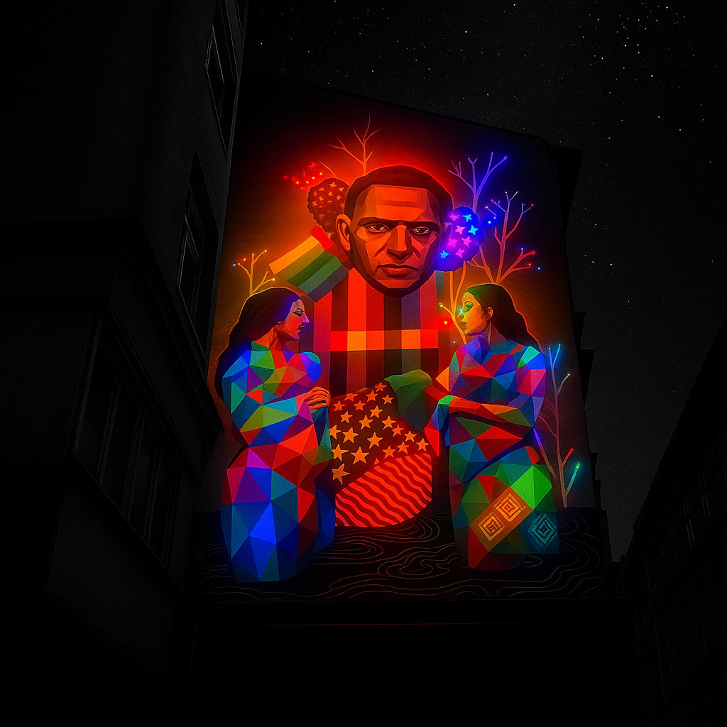 Square nighttime image of a colorful mural in Budapest’s Jewish Quarter illuminated under a starry black sky with the surrounding buildings in shadow.