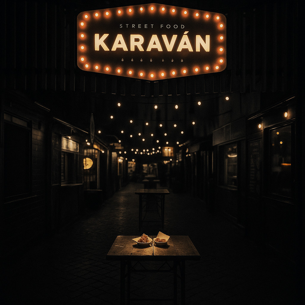 Cinematic night view of Karaván Street Food in Budapest, with glowing red and yellow lights against a desaturated background, no people, high contrast atmosphere.