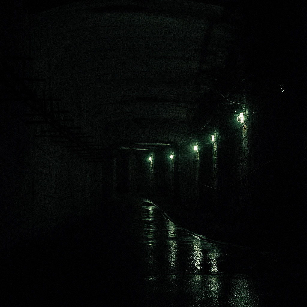 Dark cinematic view of the Kőbánya Cellars Budapest with green lights reflecting on wet stone walls in a moody underground tunnel.