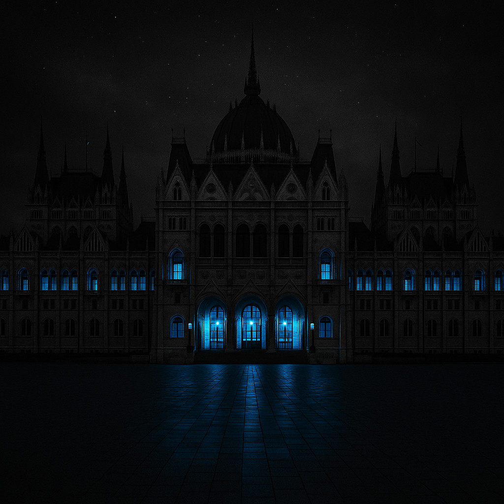 Night view of Kossuth Lajos Square Budapest with the Hungarian Parliament’s windows glowing in royal blue light, reflected on the dark stone square beneath a cloudy sky.