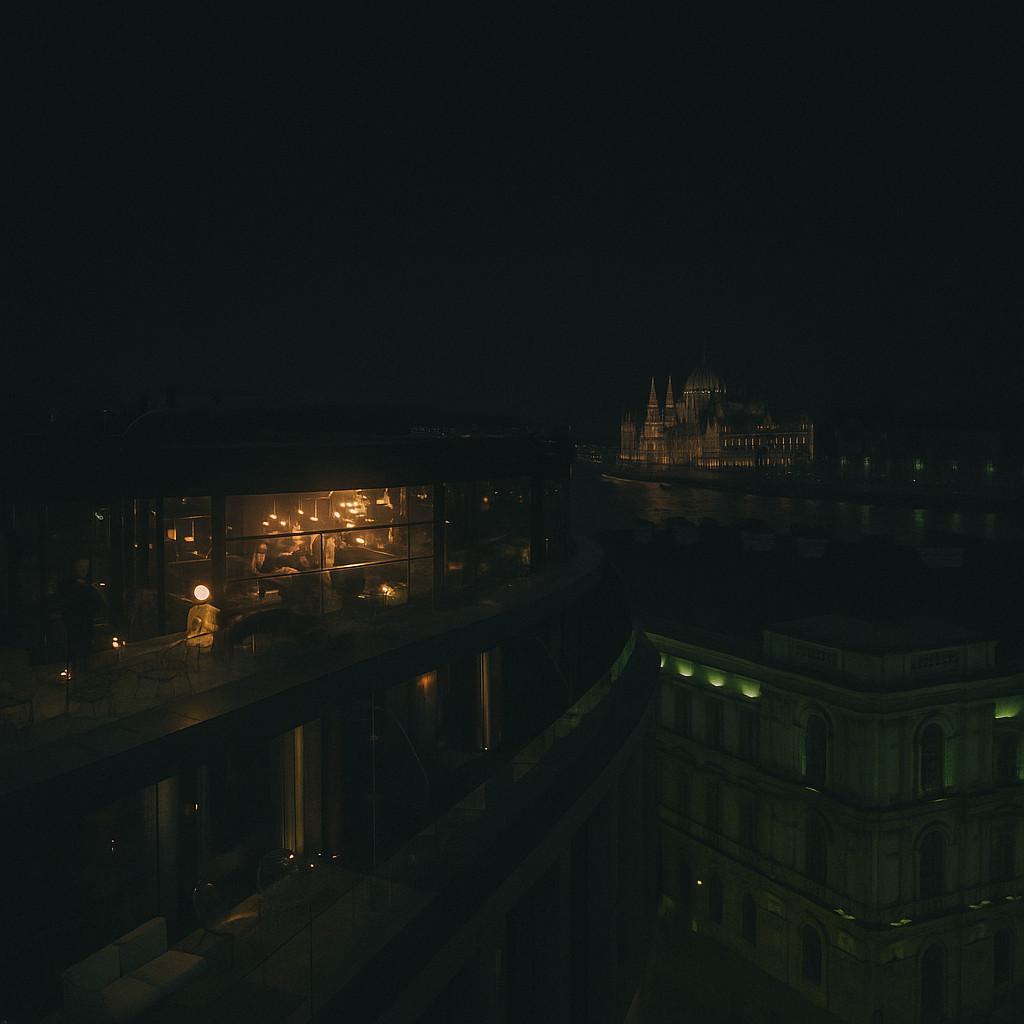 Leo Rooftop Bar Budapest terrace in black and white with glowing golden lights over the Chain Bridge and Danube River at night.