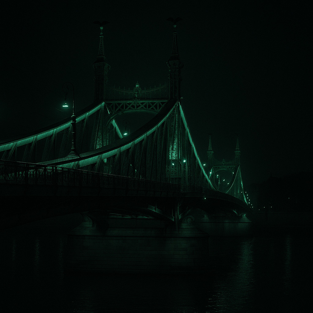 Night view of Liberty Bridge Budapest in dark gray tones, illuminated by deep emerald-green lights reflecting softly on the Danube River beneath its elegant iron structure.