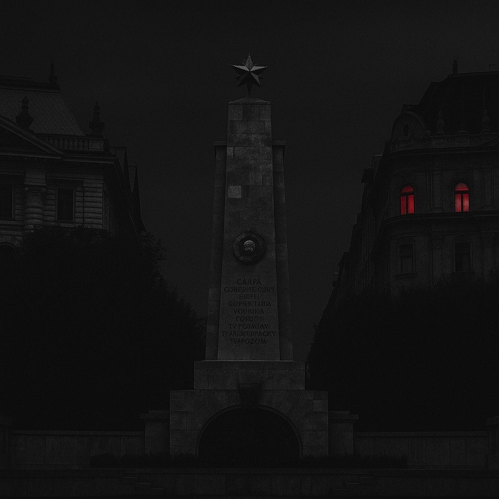 Night view of the Soviet War Memorial in Liberty Square Budapest with accurate Cyrillic text on the monument and deep red lights glowing softly from the windows of nearby buildings.
