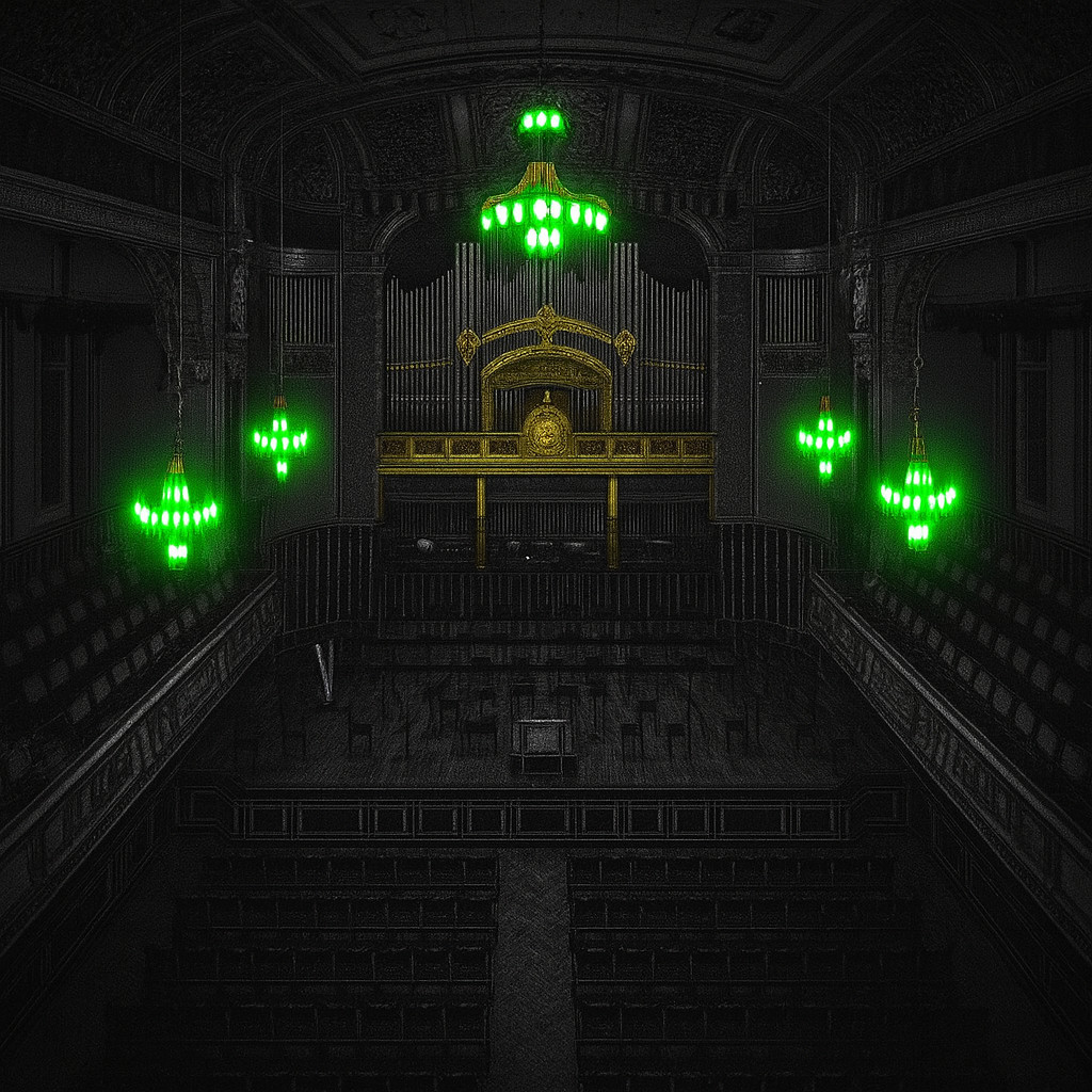 Cinematic black-and-white image of the Liszt Ferenc Academy of Music concert hall in Budapest, featuring glowing green chandeliers and a golden pipe organ, creating an unreal film-like atmosphere.