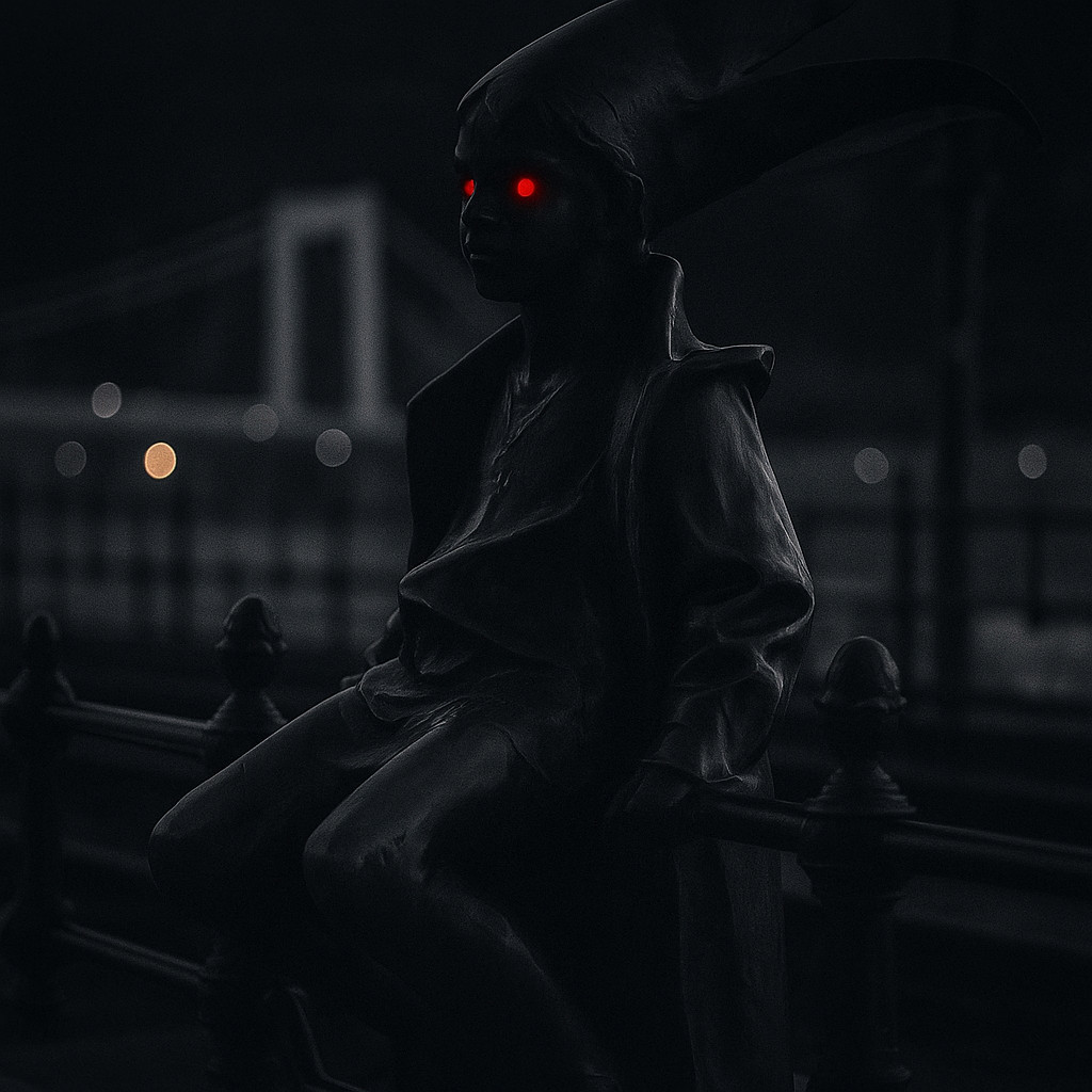 Cinematic desaturated photograph of the Little Princess statue in Budapest at night, glowing red eyes and faint city lights in the background.