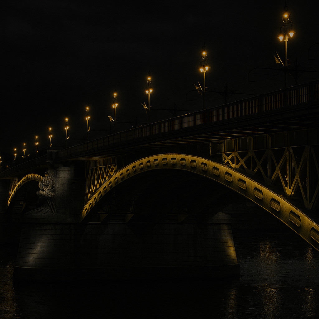 Night view of Margaret Bridge Budapest in dark gray tones, with glowing yellow lights reflecting on the Danube River and illuminating the bridge’s elegant arches.