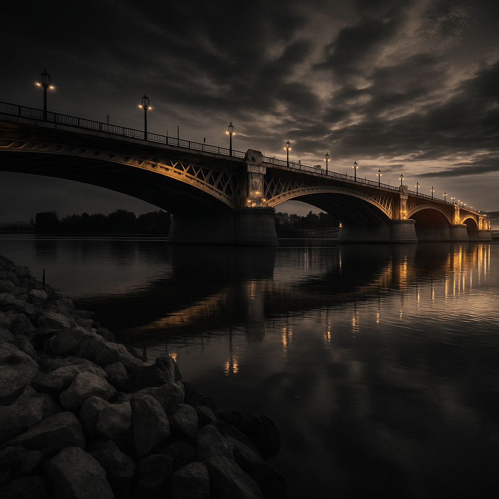Cinematic desaturated night photograph of Margaret Bridge in Budapest with golden lights reflecting on the Danube under dark skies