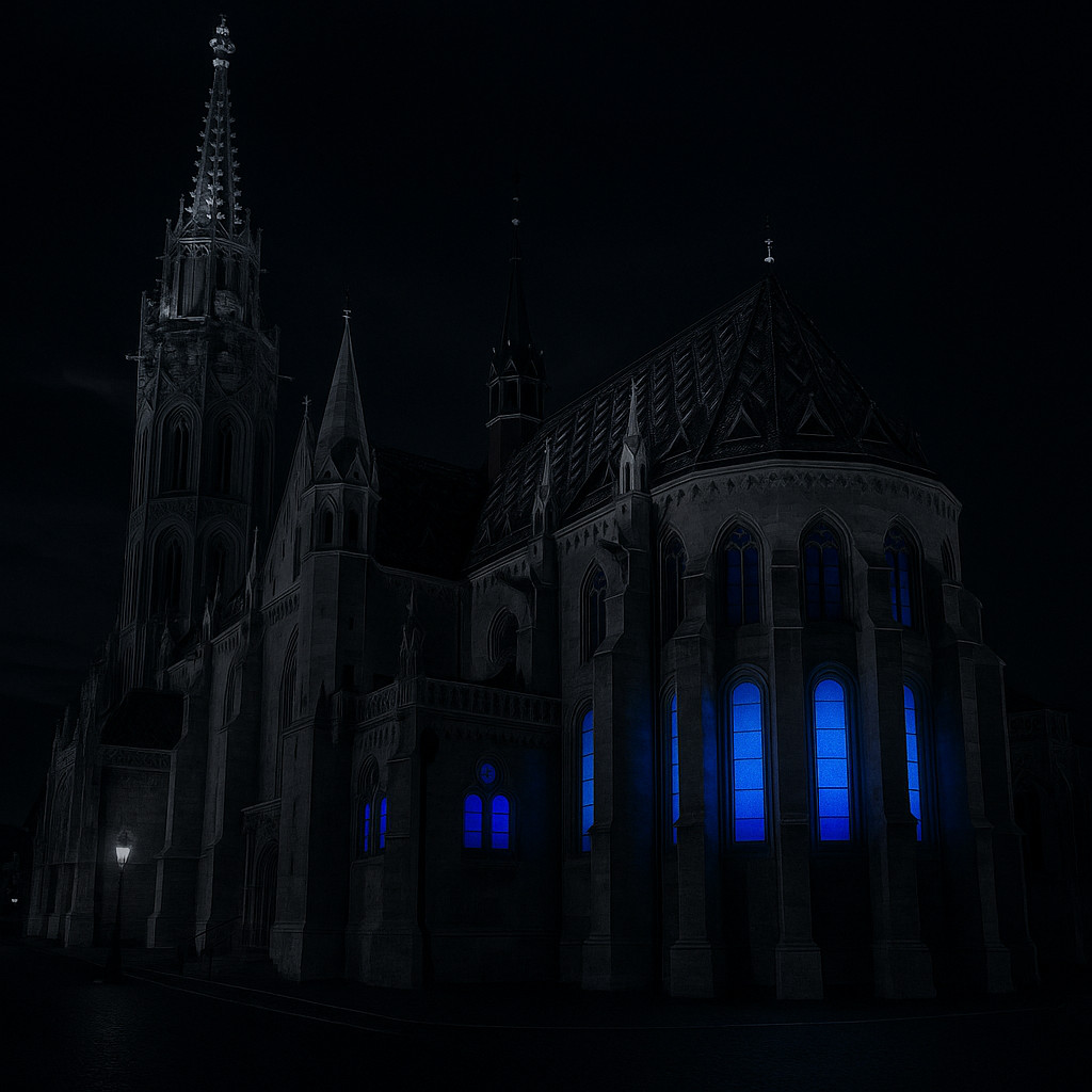 Nighttime image of Matthias Church in Budapest with deep shadows and vivid royal blue light shining from its Gothic windows.