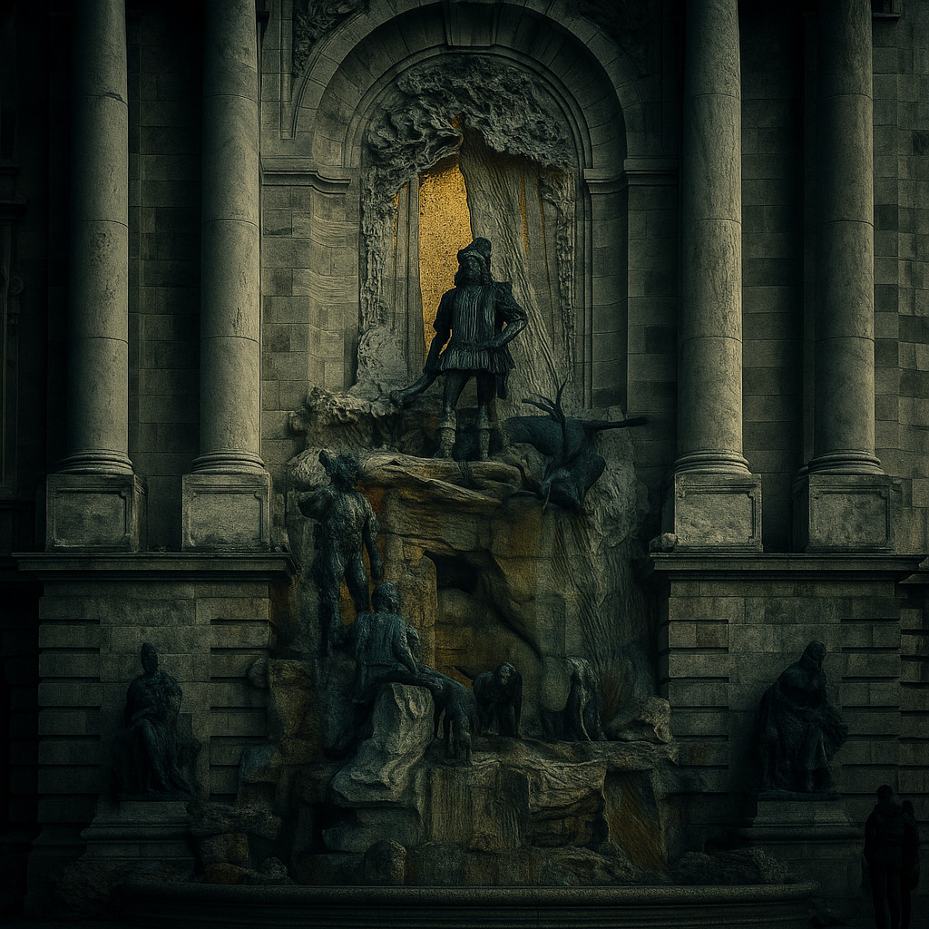 Bronze statue of King Matthias Corvinus and royal hunters at Matthias Fountain Buda Castle with cascading water and Baroque details.