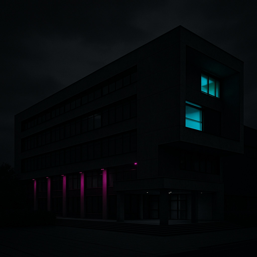 Cinematic black-and-white image of a modernist building in Budapest, featuring clean geometric lines, minimalist concrete surfaces, and selectively illuminated windows in contemporary colors.