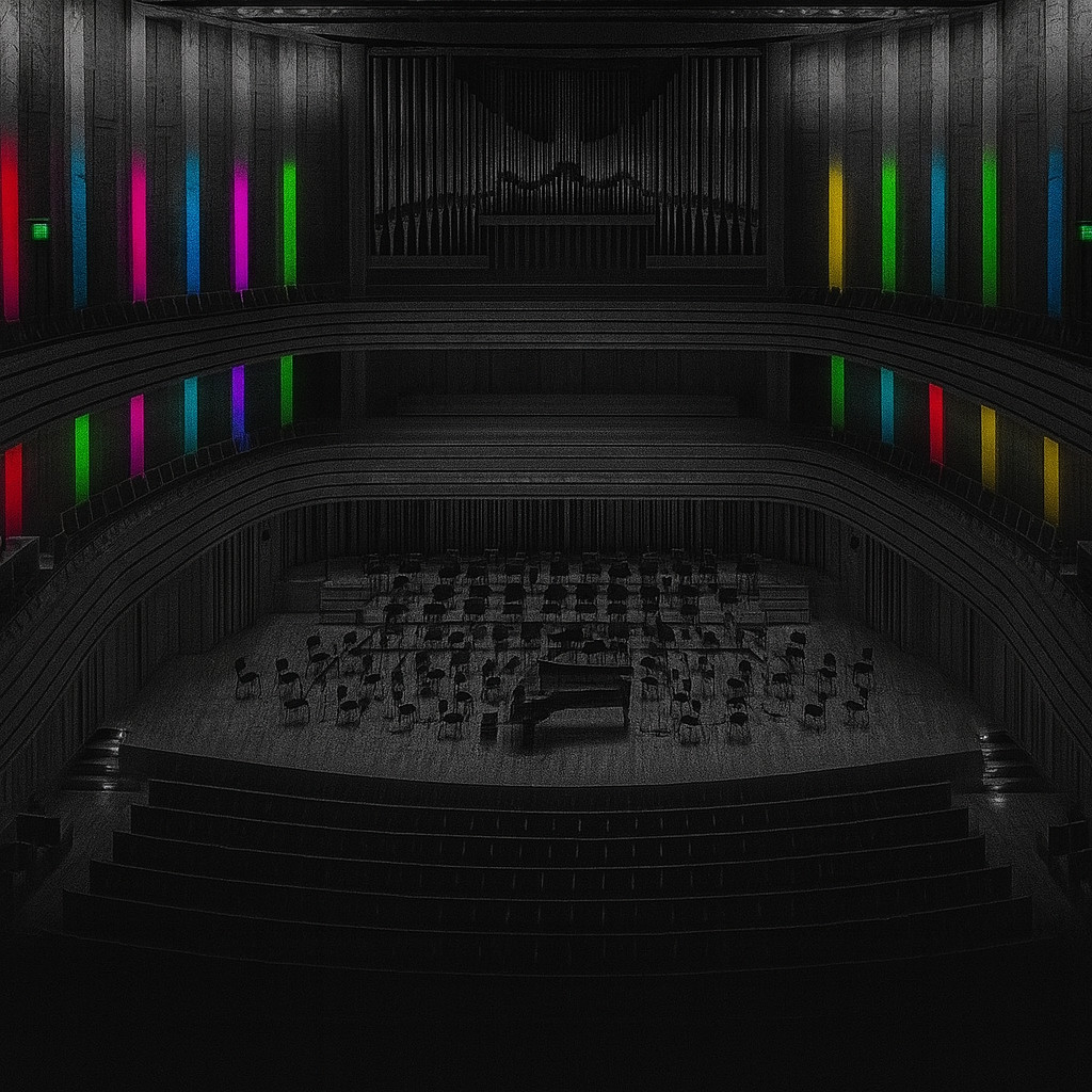 Black-and-white cinematic image of the Müpa Budapest concert hall, featuring vivid vertical light panels in bright colors illuminating the modern auditorium around the orchestra stage.