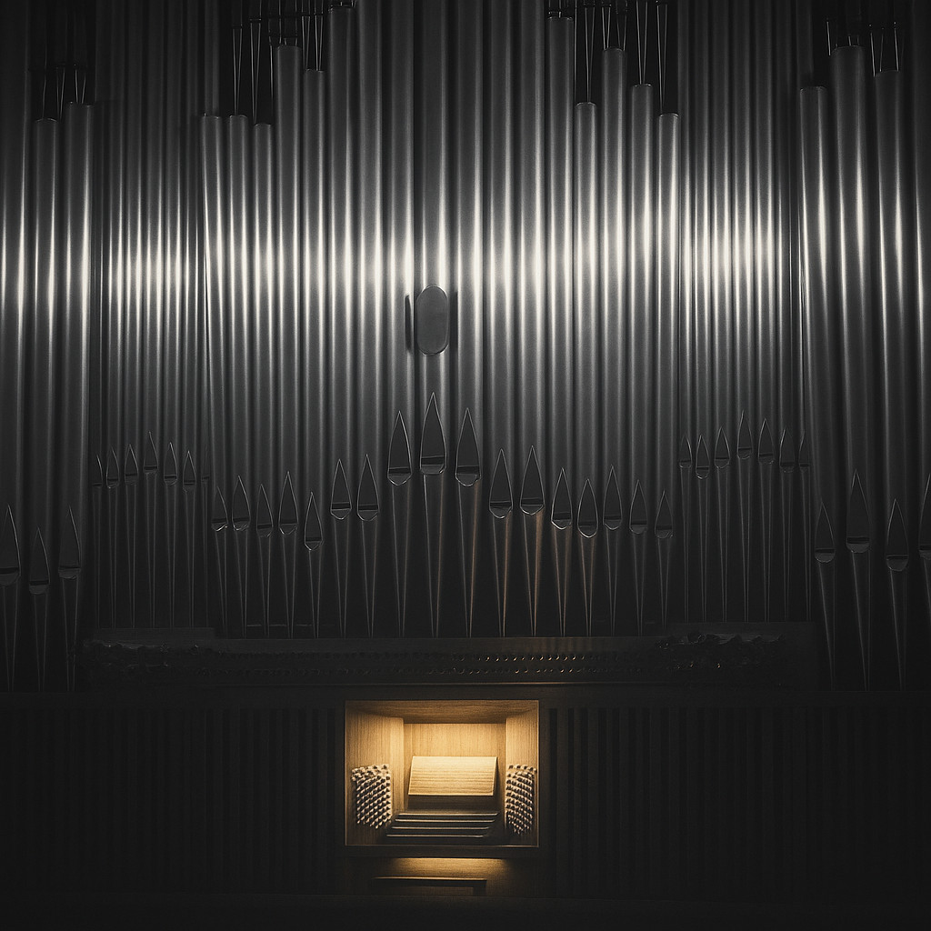 Desaturated view of the grand organ pipes at Müpa Palace of Arts Budapest illuminated by silver and golden lights, creating a dramatic and elegant contrast.