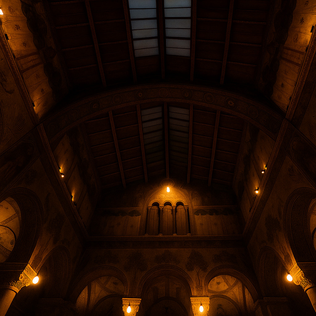 Desaturated interior of the Museum of Fine Arts Budapest with warm amber torch-like lights illuminating arches and columns in soft grayscale tones.