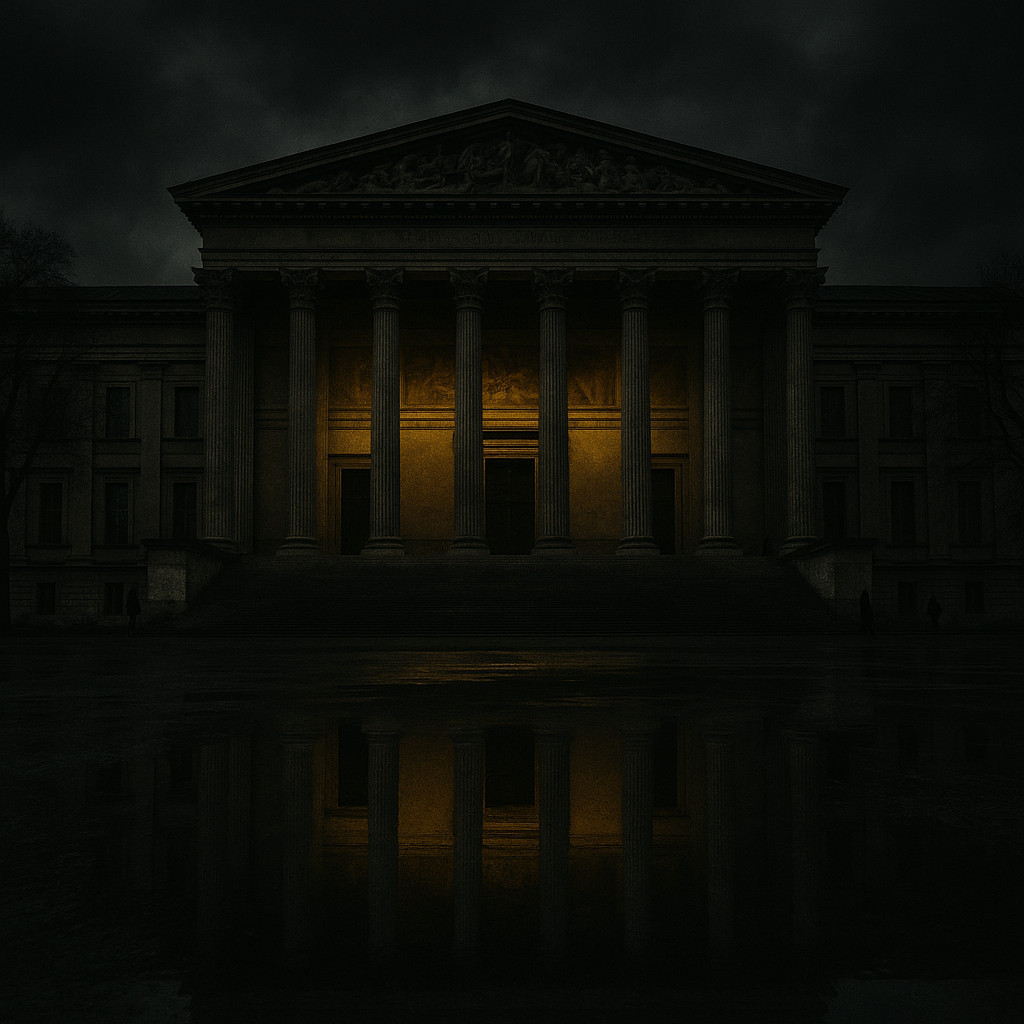 Neoclassical Museum of Fine Arts in Budapest illuminated with soft golden lights against a dark night sky, reflecting timeless beauty.