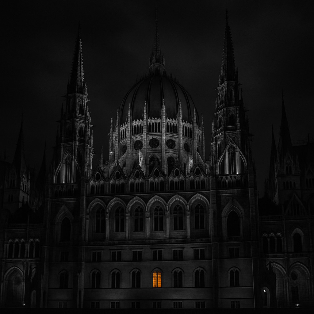 Cinematic black-and-white image of a Neo-Gothic building in Budapest, featuring pointed arches, tall spires, ornate tracery, and a central dome inspired by Gothic Revival design.