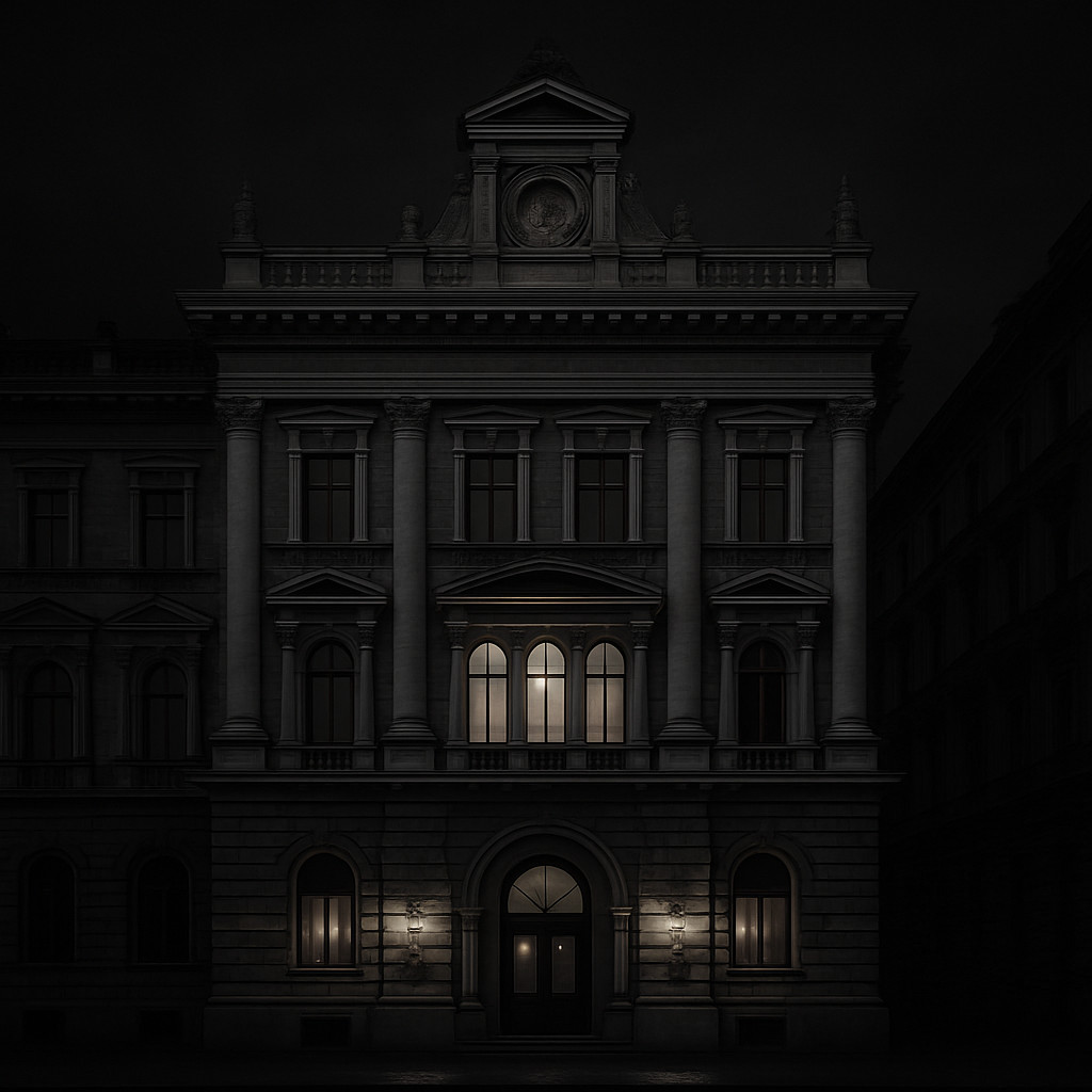 Cinematic black-and-white image of a Neo-Renaissance building in Budapest, featuring symmetrical façades, classical columns, arched windows, and an ornate central pediment.