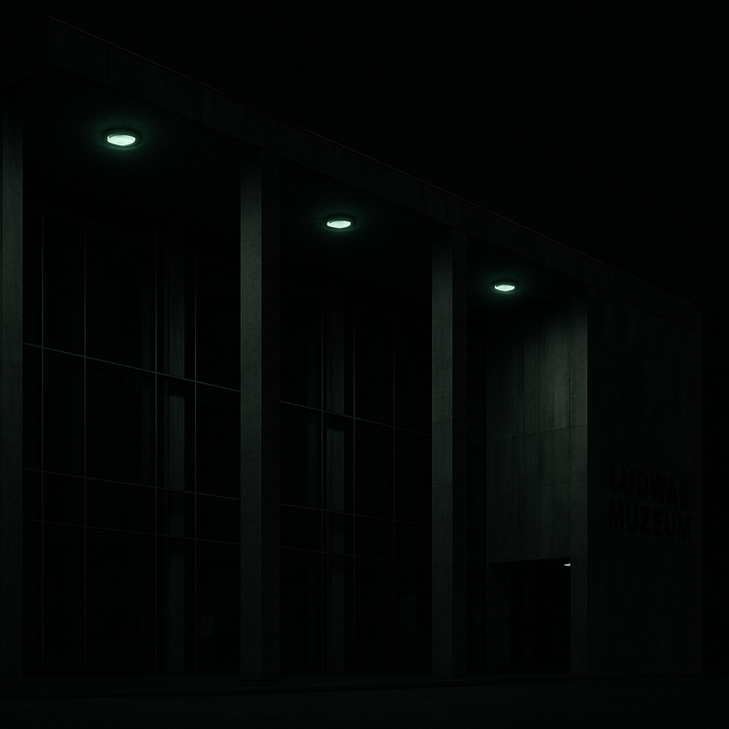 Cinematic night view of the Ludwig Museum Budapest with dark green lights illuminating its modern architecture against a black sky.