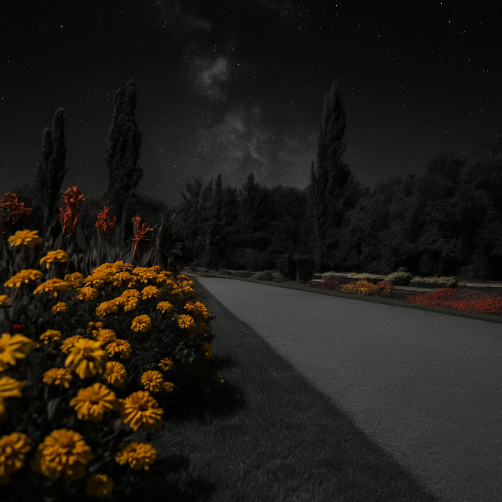 Desaturated night view of the garden path on Margaret Island Budapest, with vivid yellow and red flowers under a dark starry sky.