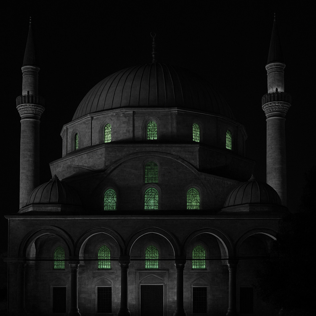 Cinematic black-and-white image of an Ottoman-style mosque with a large central dome, two slender minarets, and arched colonnades, highlighted by glowing stained-glass windows.