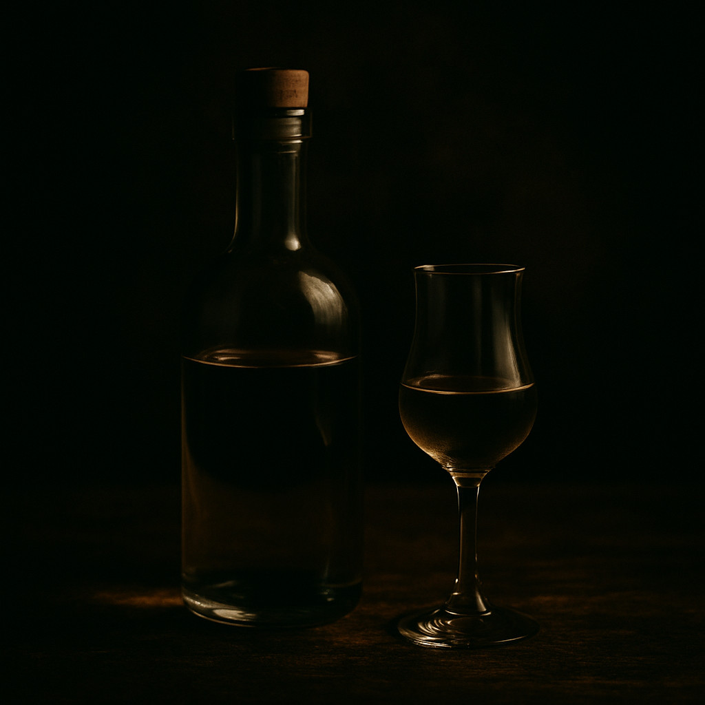 Cinematic black-and-gold image of a label-free bottle of Hungarian palinka and a tasting glass on a dark wooden surface.