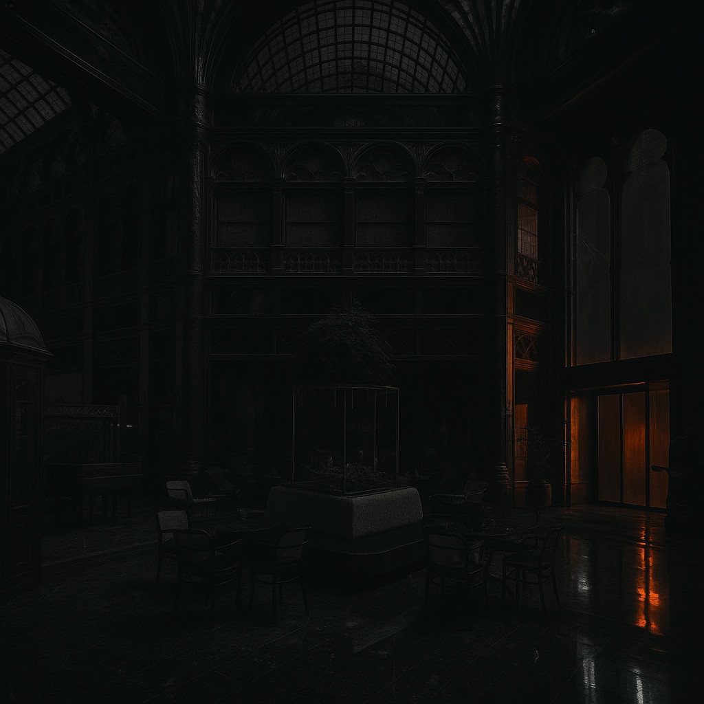 Cinematic interior of Párisi Udvar Hotel Budapest at night, with dark tones and orange brick lights illuminating its ornate Art Nouveau arches.