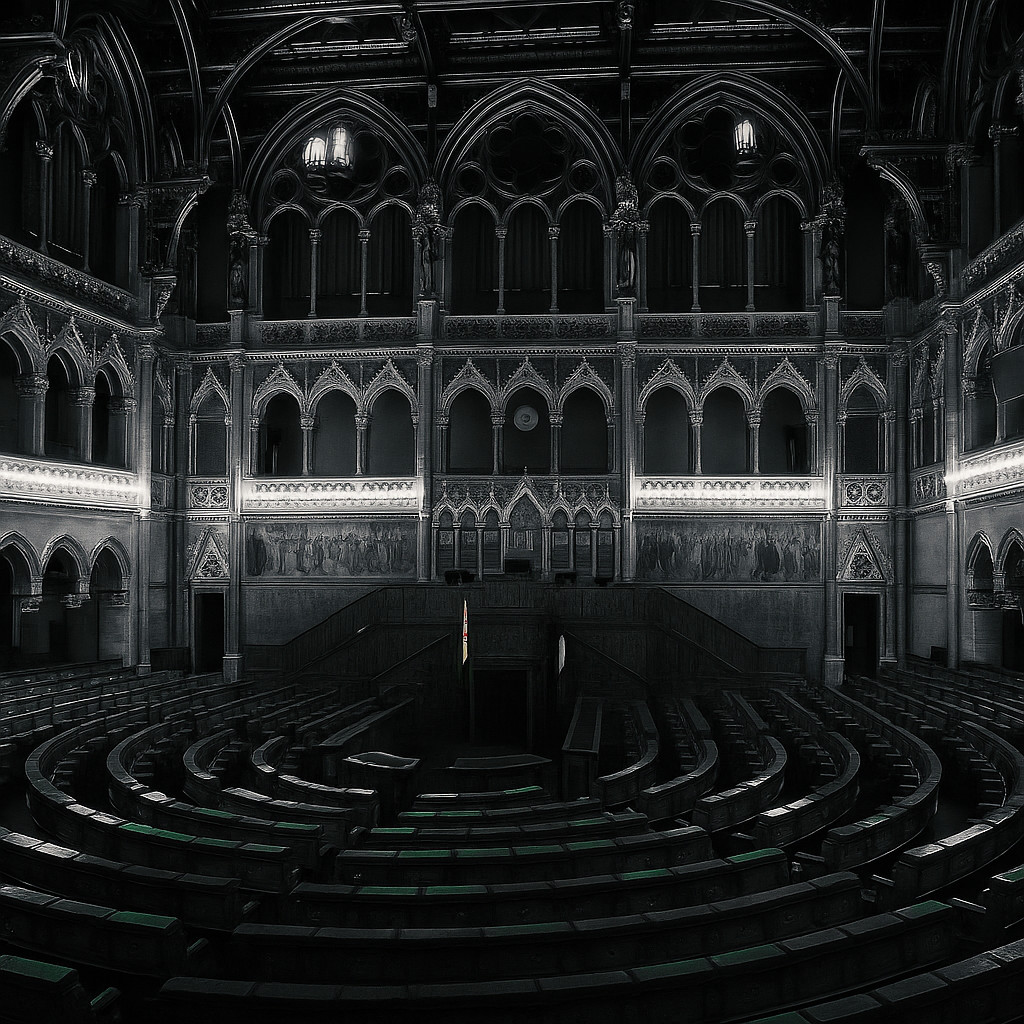 Interior of the Hungarian Parliament in Budapest with green seats and glowing lamps in cinematic black and white tones
