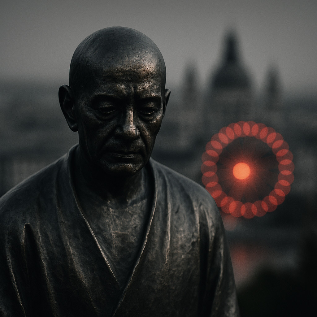 Close-up of a bronze statue in the Philosophers’ Garden of Budapest, with the Ferris wheel glowing red in the blurred city background.