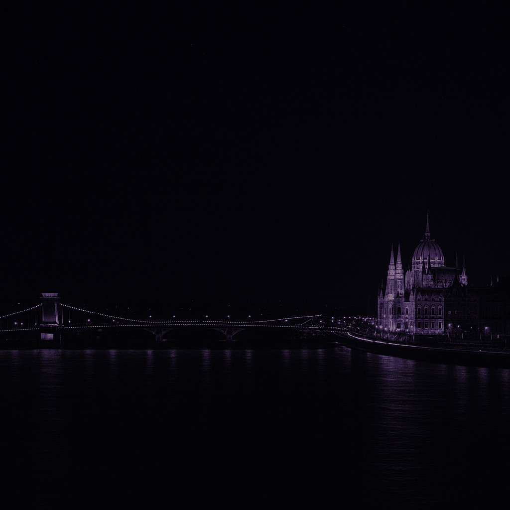Square night view of the Danube River in Budapest with dark tones and purple lights glowing along the bridges and waterfront under a starry sky.