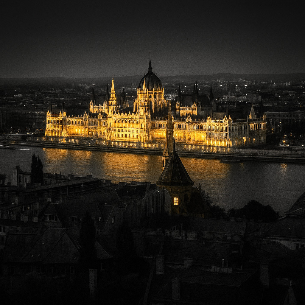 Aerial view of the Hungarian Parliament Building in black and white with golden lights reflecting on the Danube River at sunset.