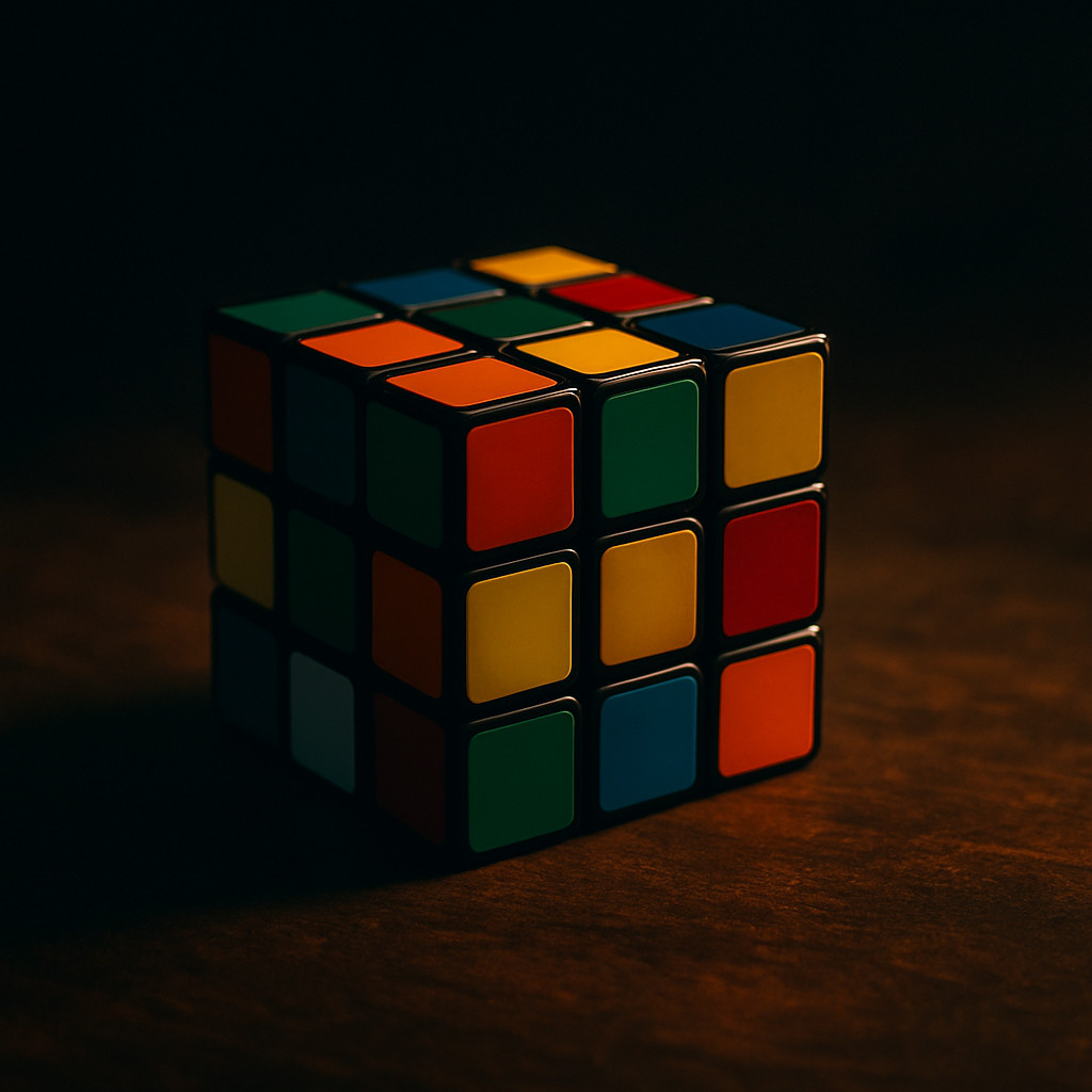 Cinematic close-up of a Rubik’s Cube resting on a dark wooden surface with dramatic lighting and rich shadow contrast.