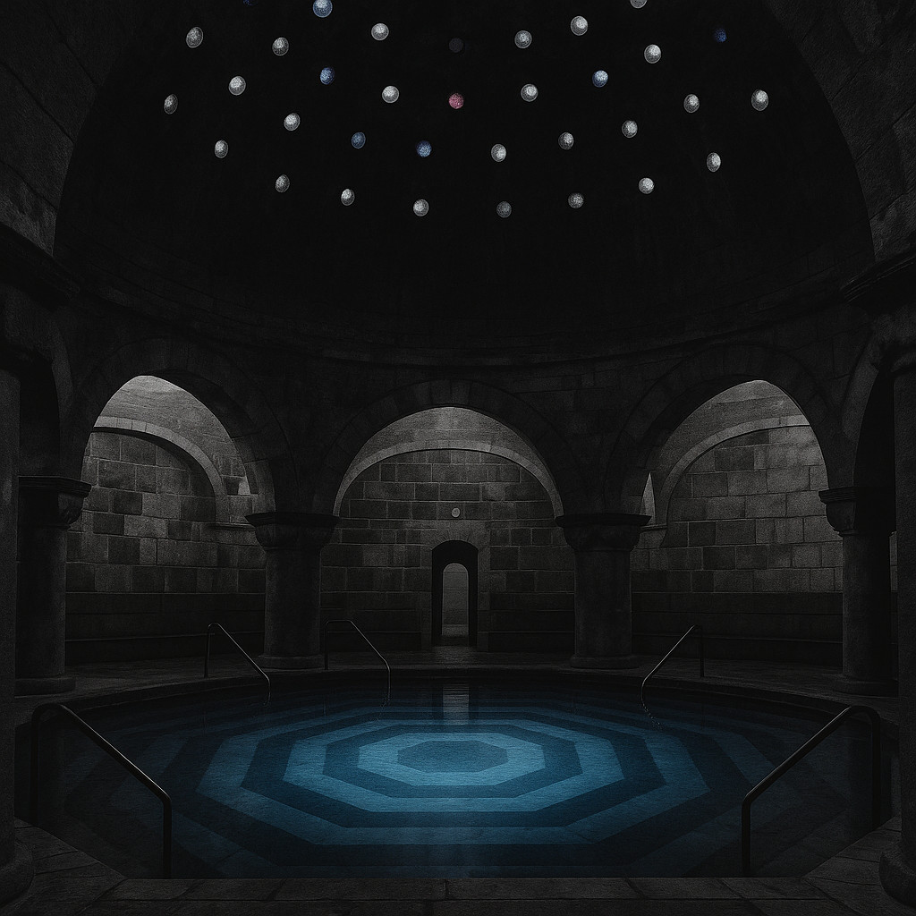 Ottoman domed hall at Rudas Baths in Budapest, desaturated stone arches with colored ceiling glass and a blue-lit thermal pool.