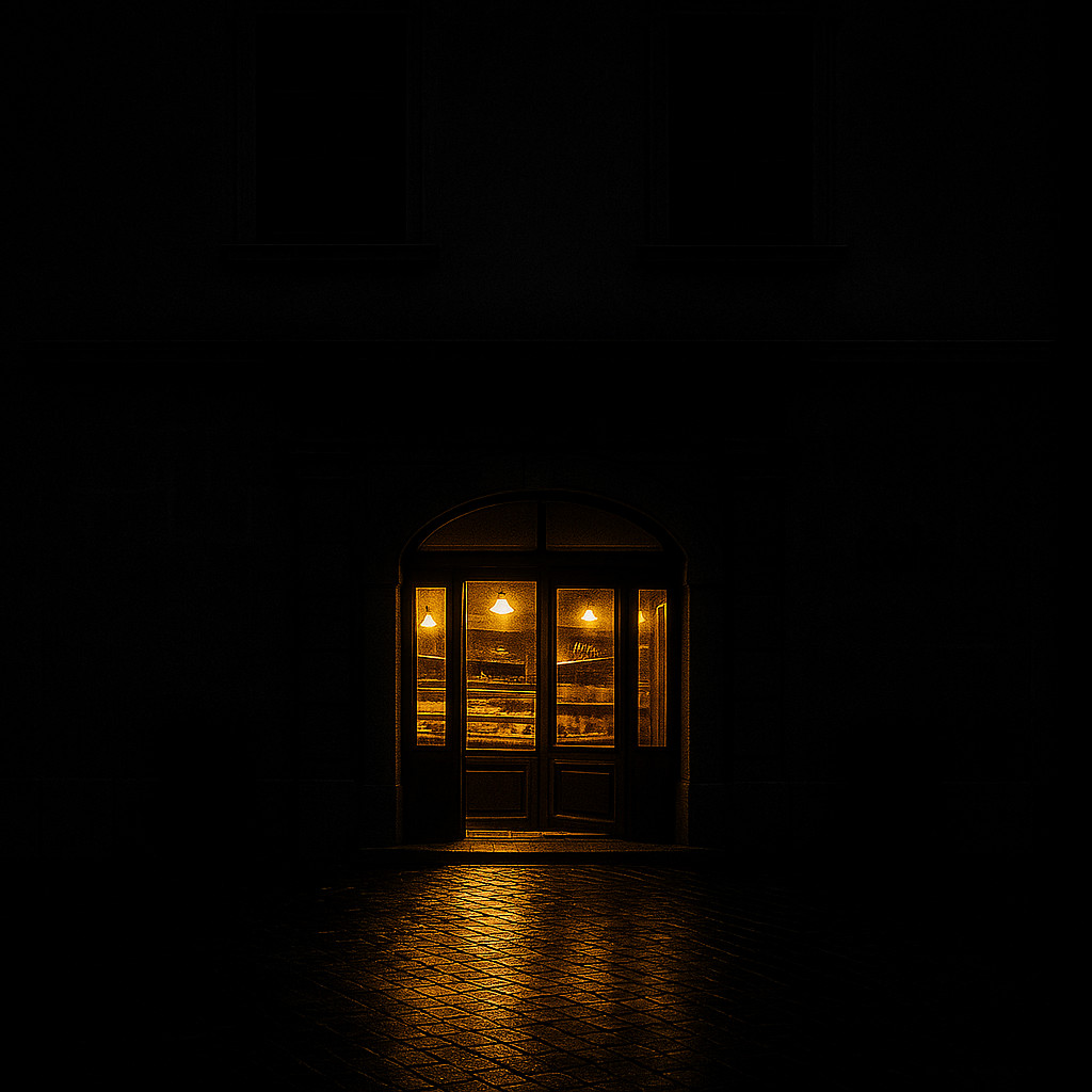 Night view of Ruszwurm Confectionery Budapest in desaturated tones, with warm golden lights glowing softly from its windows and reflecting on the wet cobblestone street of the Buda Castle District.