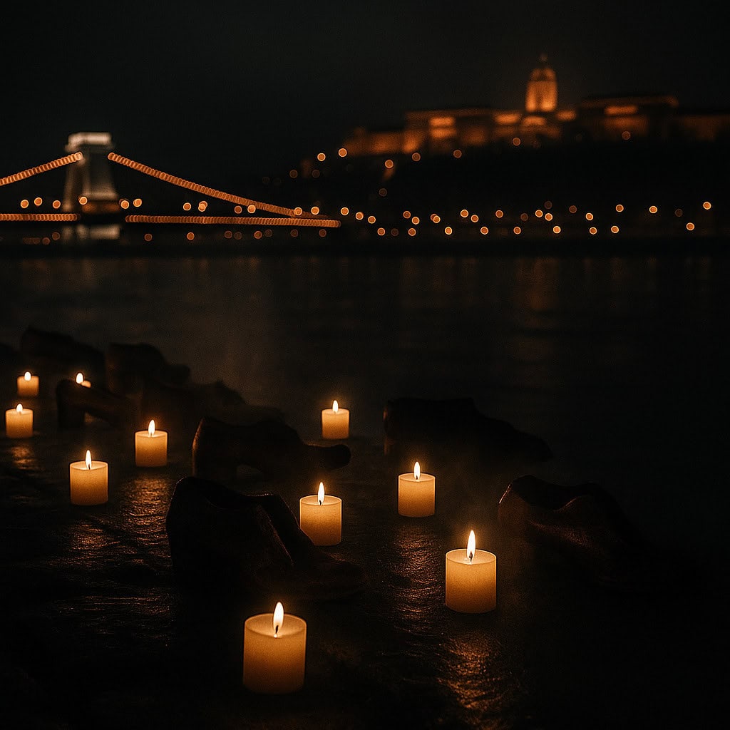 The Shoes on the Danube Bank memorial in Budapest at night, with a single lit candle beside a rusted shoe, and the orange glow of Chain Bridge and Buda Castle reflected over the dark river.