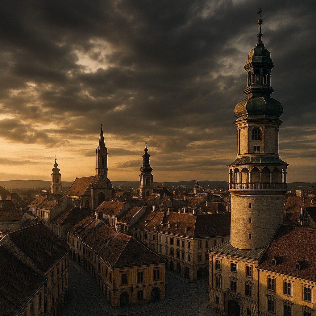 Sopron Hungary — Firewatch Tower and Old Town at Sunset