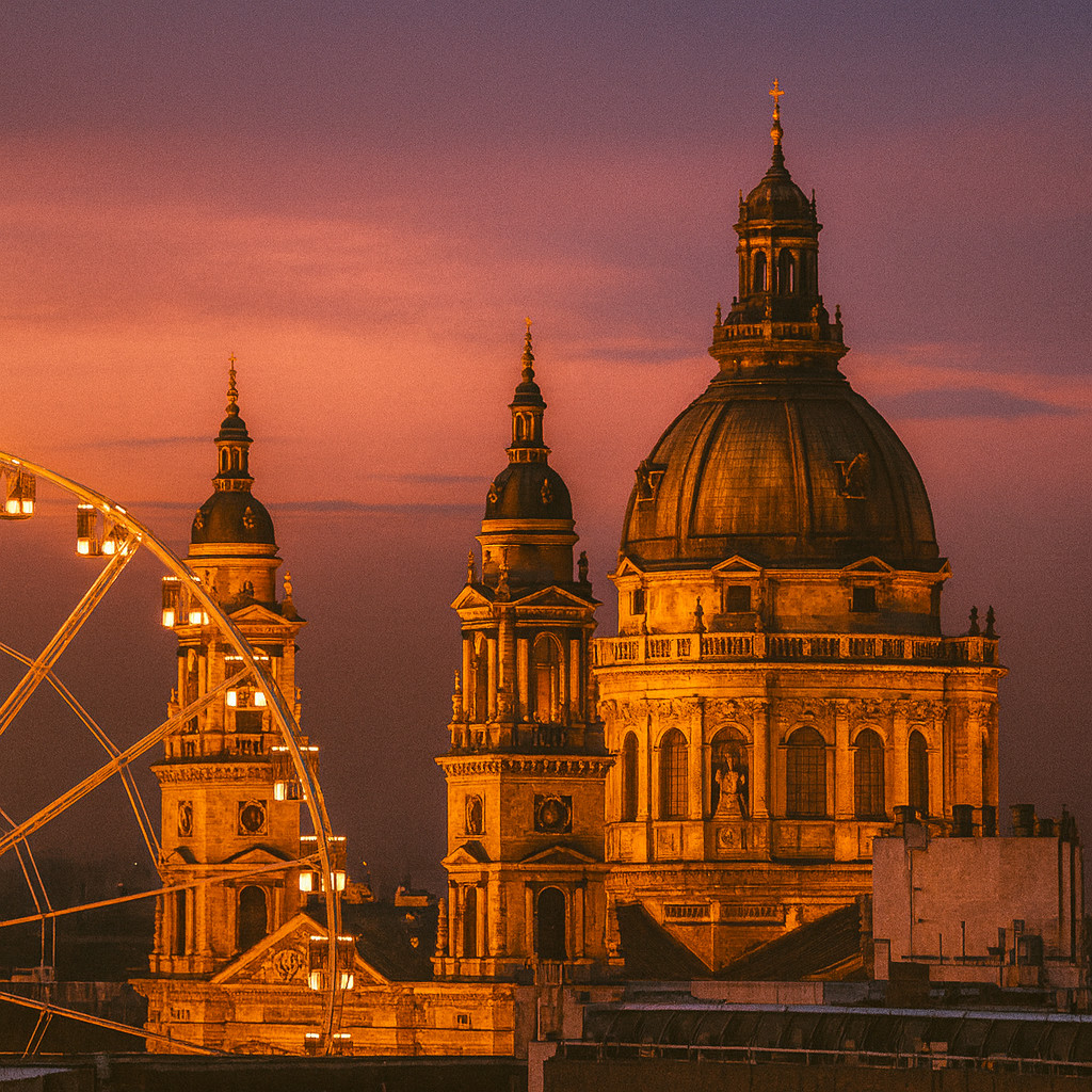 Cinematic nighttime photo of St. Stephen’s Basilica in Budapest, illuminated with warm golden lights under a starry sky, captured in a dramatic square composition.