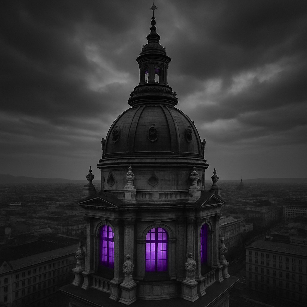 St. Stephen’s Basilica Dome in Budapest, black and white with golden sunset light shining on its dome and reflecting over the Danube River.